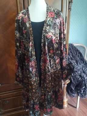 Floral Velvet Open-Front Trench Coat - Brown/Multi